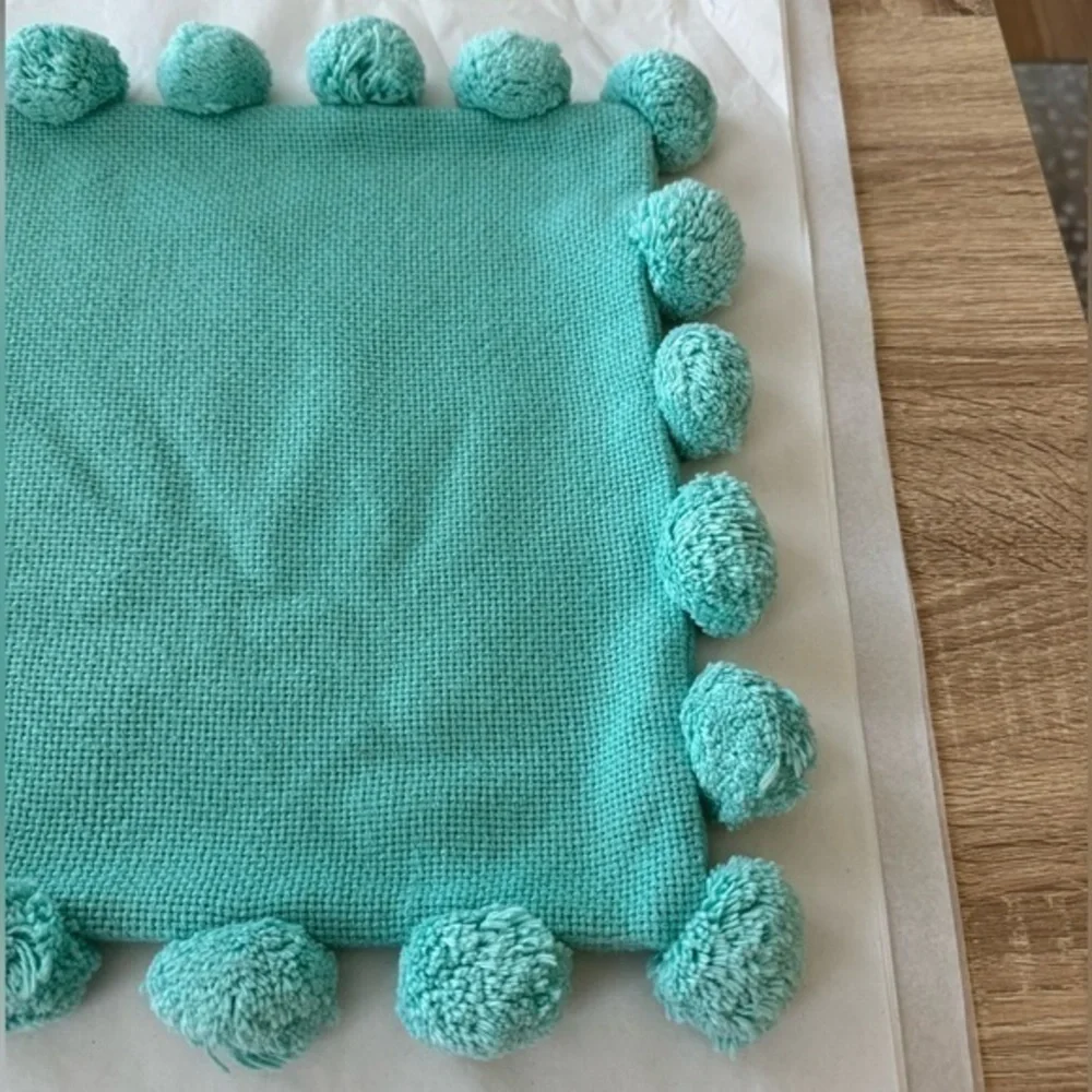 Pottery Barn Teen Pool Green Embroidered P Pom Pom‎ Organic Pillow Cover 12x 24